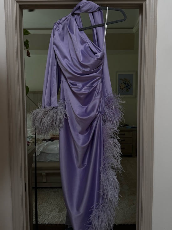PatBO Dresses & Skirts - PatBo Lavender Satin One-Shoulder Feather Trim Gown
